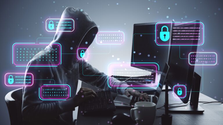 hacker-en-capuche-travaillant-a-un-bureau-avec-des-serrures-lumineuses-et-des-codes-binaires-autour-de-lui