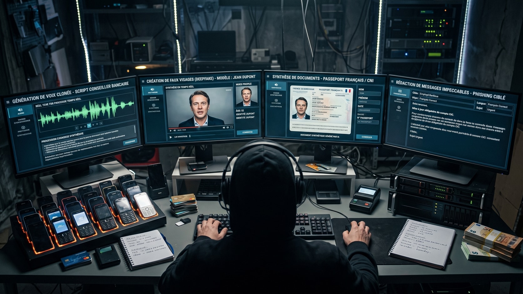 photographie-hacker-dans-piece-sombre-avec-plusieurs-ecrans-ordinateur-montrant-faux-documents